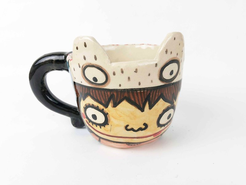 Nice Little Clay handmade ear mug girl with flower cat 0104-04 - แก้วมัค/แก้วกาแฟ - ดินเผา สีน้ำเงิน