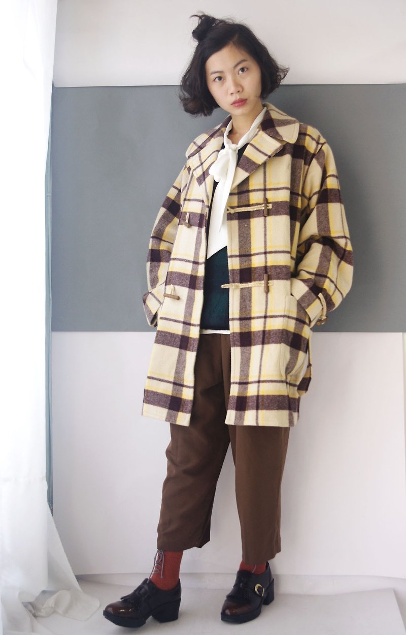 Treasure hunt vintage - yellow checkered horns button wool coat - Women's Casual & Functional Jackets - Cotton & Hemp Yellow