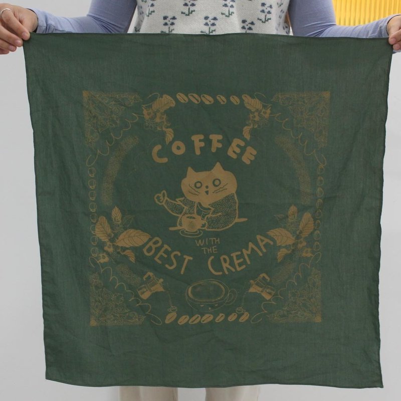 (JayeonStore Silk Screen Bandana Project) Coffee with good crema - ผ้าพันคอ - ผ้าฝ้าย/ผ้าลินิน สีกากี