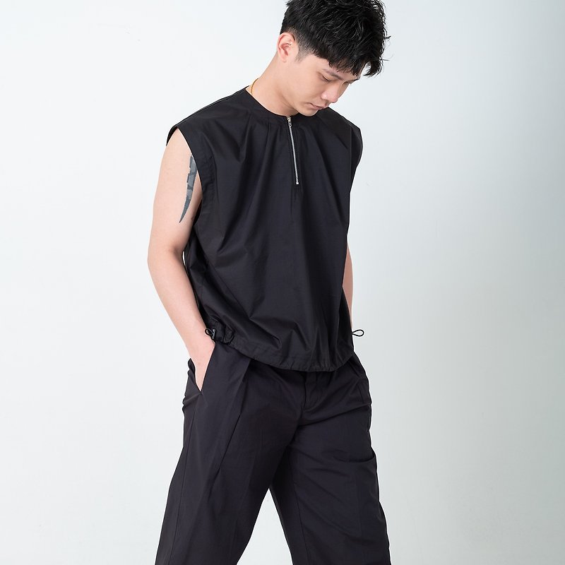 half-zip sleeveless top - เสื้อกั๊กผู้ชาย - ผ้าฝ้าย/ผ้าลินิน สีดำ