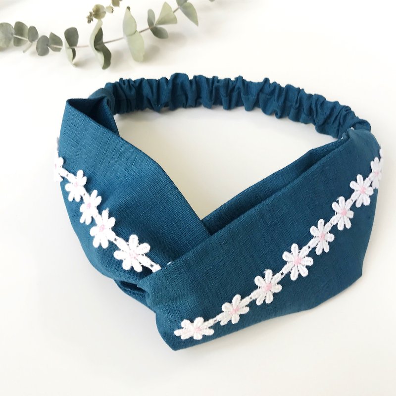 Lace flower cross hair band - Navy - Headbands - Cotton & Hemp Blue