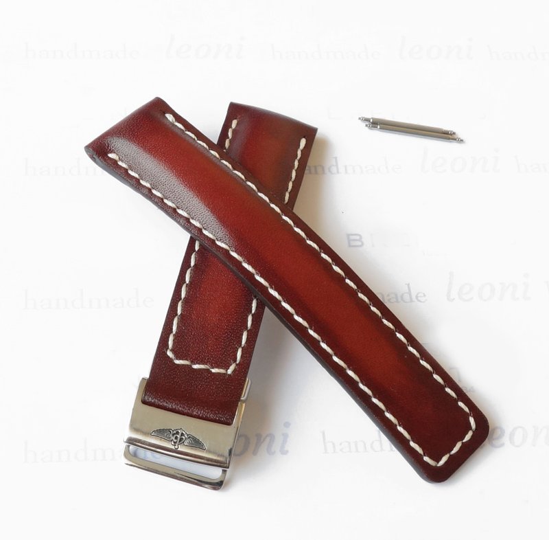 Burgundy Watch Strap for Breitling, genuine leather, Deployment clasp - 錶帶 - 真皮 咖啡色