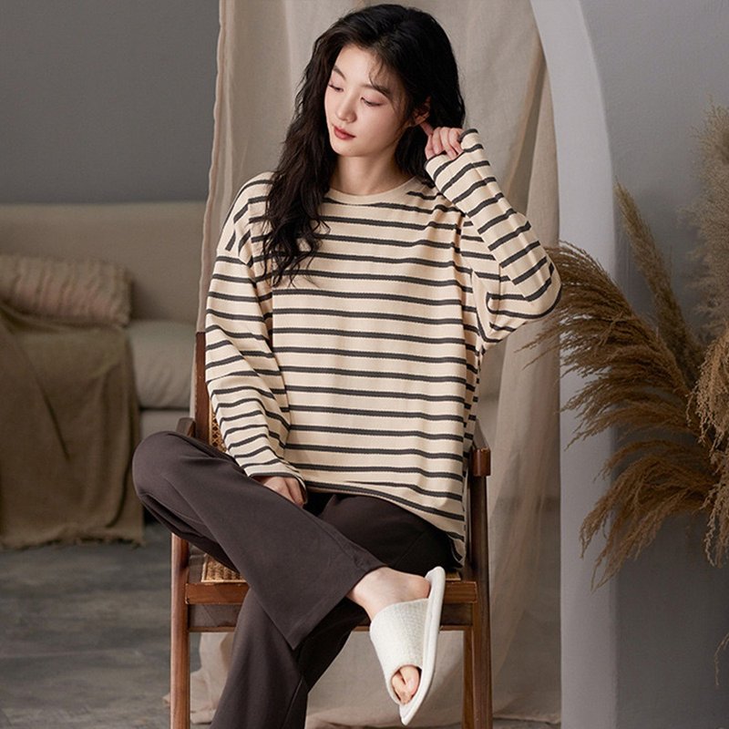 Pink Lady milk coffee striped long-sleeved pajamas, cotton wide version, autumn and winter two-piece home wear - ชุดนอน/ชุดอยู่บ้าน - ไฟเบอร์อื่นๆ สีนำ้ตาล