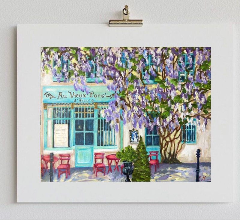 Paris cafe Oil painting Cityscape art tree blooming Cafe decor Impressionism art - ตกแต่งผนัง - กระดาษ สีม่วง