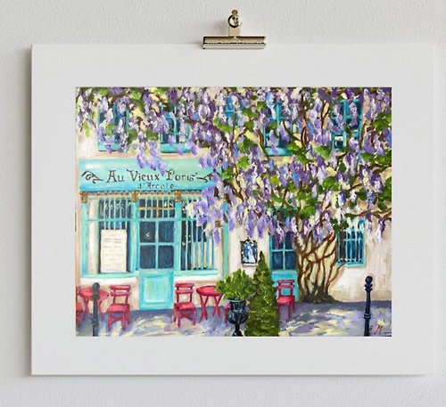 Gala 巴黎咖啡館 紙上油畫 城市景觀畫 樹 盛開的牆壁 裝飾理念 風景藝