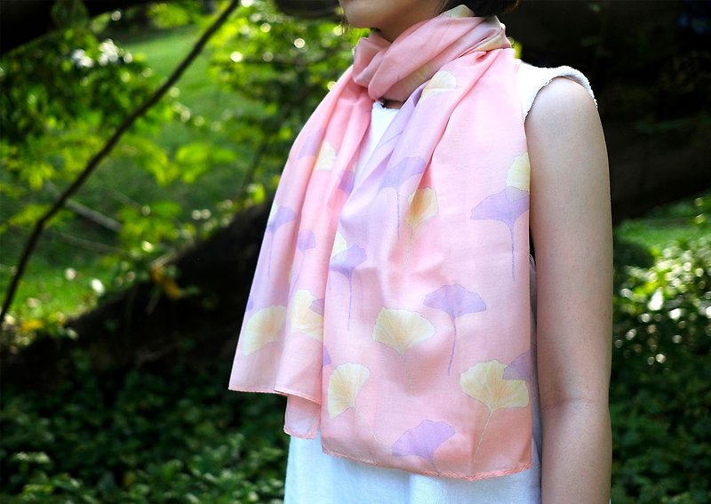 Aki Fan Pink Cottonsilk Scarf, Autumn Leaves, Shawl, Nature - Scarves - Cotton & Hemp Pink