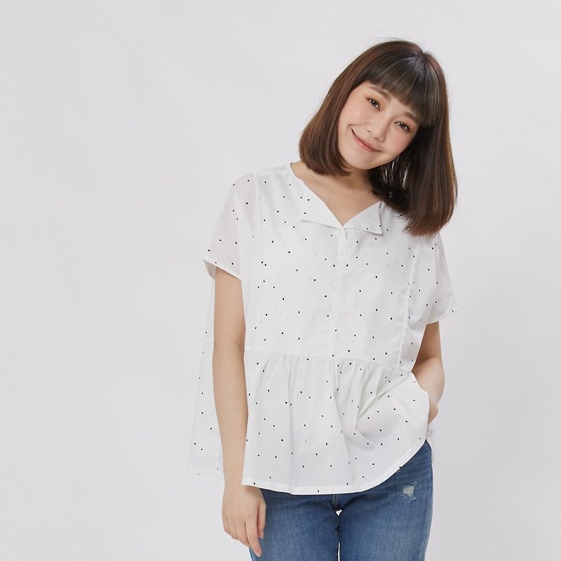 Triangle Relaxed Cotton Dots Top/ White - トップス - コットン・麻 ホワイト
