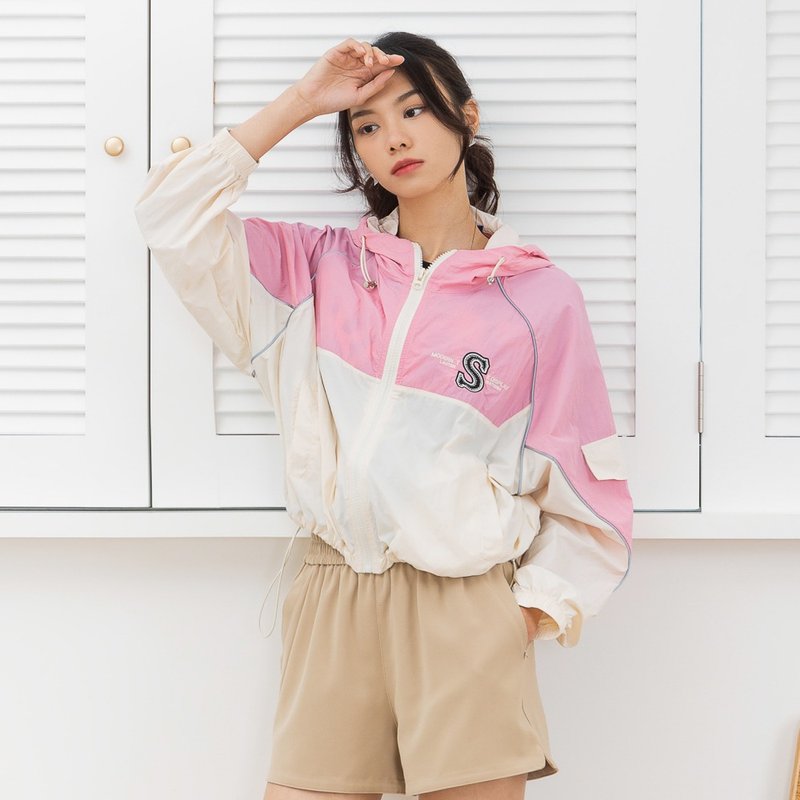 【MEDUSA】Letter S Embroidery Contrast Splicing Windbreaker - เสื้อแจ็คเก็ต - เส้นใยสังเคราะห์ สึชมพู