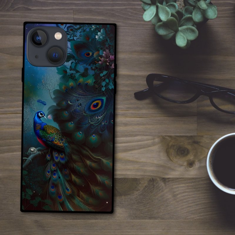 A colorful and elegant peacock standing in the mysterious night sky of space. Square smartphone case [tempered glass finish] Compatible with iPhone 16 - เคส/ซองมือถือ - พลาสติก หลากหลายสี