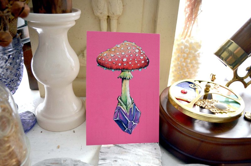 GOOKASO 魔法蘑菇紫水晶魔法石 明信片 可書寫硬卡紙材質POSTCARD - 卡片/明信片 - 紙 粉紅色