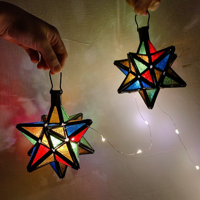 Moroccan star-shaped handmade lamp lantern chandelier - โคมไฟ - แก้ว หลากหลายสี