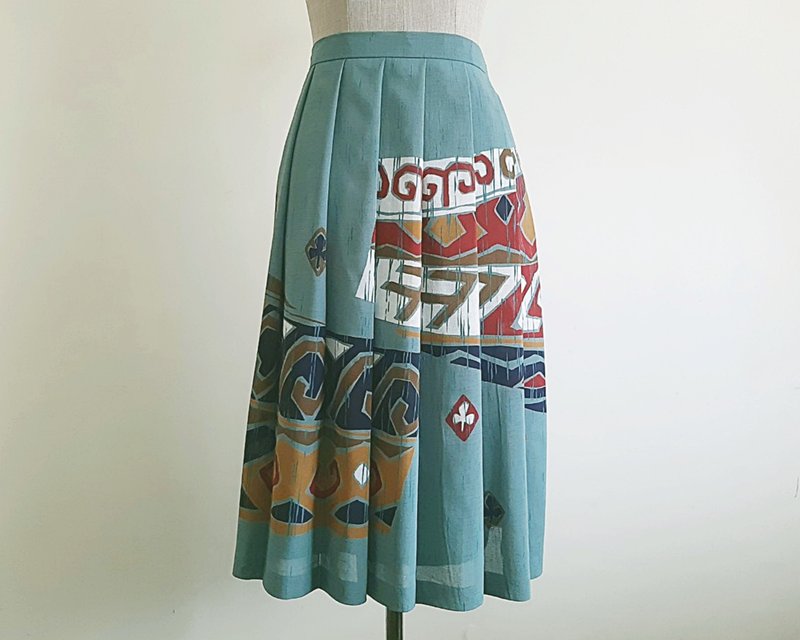 Vintage Green Abstract Print Skirt - กระโปรง - เส้นใยสังเคราะห์ สีเขียว