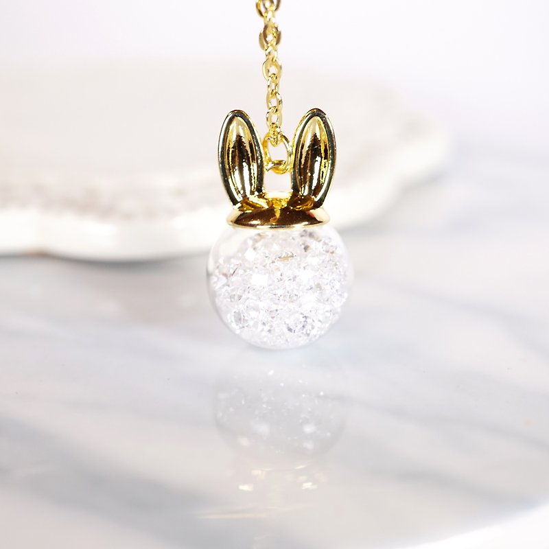 Rabbit Ear Shape with White Crystal Glass Ball Necklace - สร้อยติดคอ - แก้ว ขาว