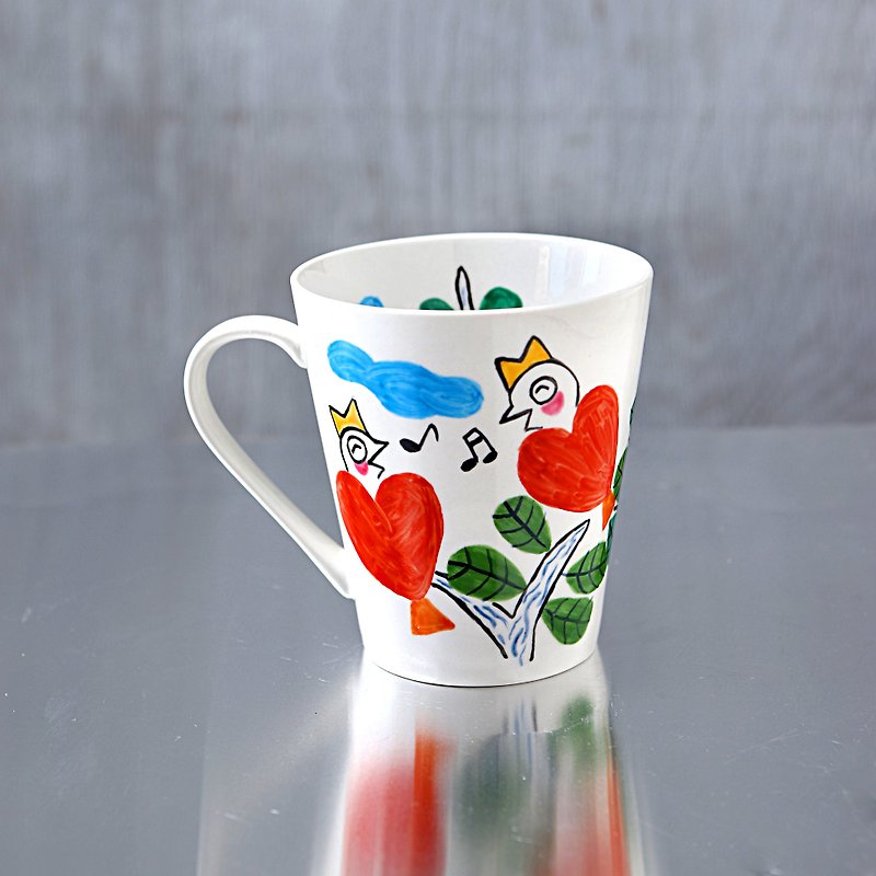 Red heart bird mug talking on the treetop L - Mugs - Porcelain Red
