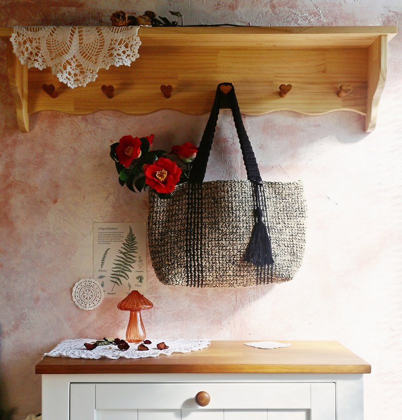 [Ready stock] Handmade handwoven/ Linen woven handbag/tote bag/tassel/ Linen bag - Handbags & Totes - Cotton & Hemp Black