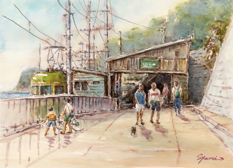 水彩画原画　江ノ電・鎌倉高校前駅改札口 - 海報/掛畫/掛布 - 紙 綠色
