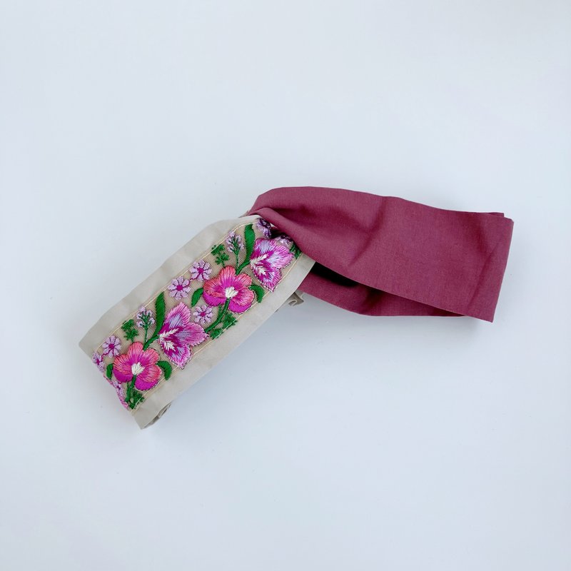 日本刺繡緞帶 紫紅三色堇 桃色 奶茶色 日本布 交叉髮帶 - 髮箍/髮帶 - 棉．麻 紫色