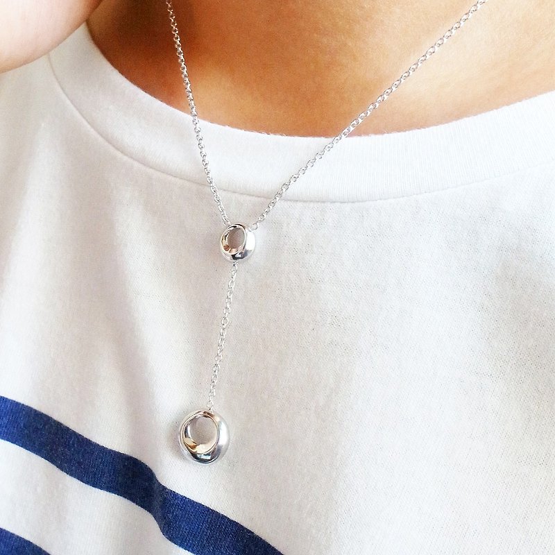 +Circle Dance+ Classic Minimalist Double Circle Y Necklace 925 Sterling Silver - สร้อยคอ - เงินแท้ สีเงิน
