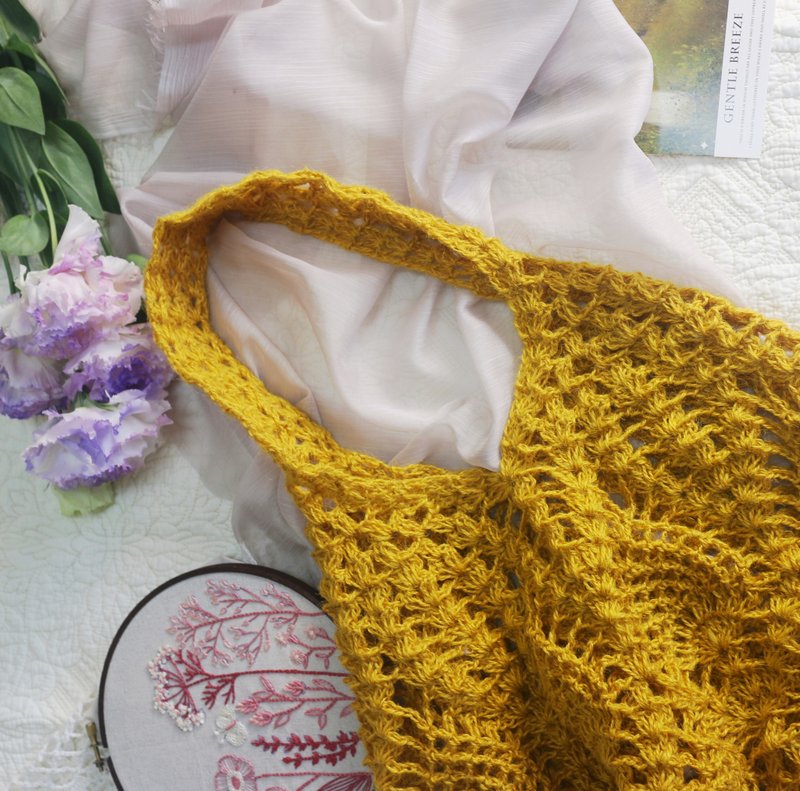 【現貨】Handmade手工編織/黃麻繩編織網袋/購物袋/肩背包/麻繩包 - 手提包/手提袋 - 棉．麻 黃色
