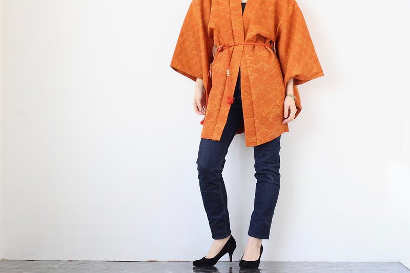 orange kimono jacket, kaftan, wide sleeve, Seigaiha /4185 - เสื้อแจ็คเก็ต - เส้นใยสังเคราะห์ สีส้ม