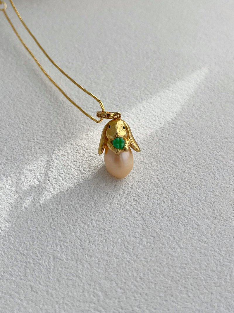 港澳台包郵 925銀復活節四葉草幸運兔子淡水珍珠可調校項鏈 - 項鍊 - 珍珠 