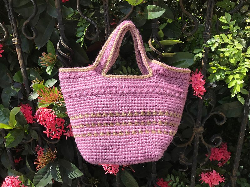 Pink purple star braided tote bag - กระเป๋าถือ - ผ้าฝ้าย/ผ้าลินิน สีม่วง