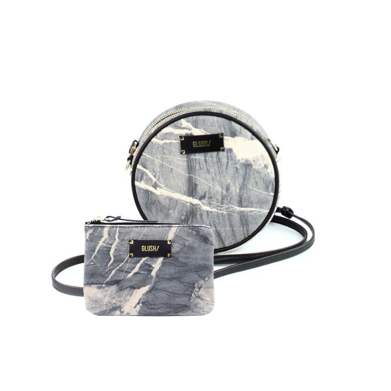 GREY MARBLE Round Crossbody + Pouch Set - กระเป๋าแมสเซนเจอร์ - ผ้าฝ้าย/ผ้าลินิน สีเทา