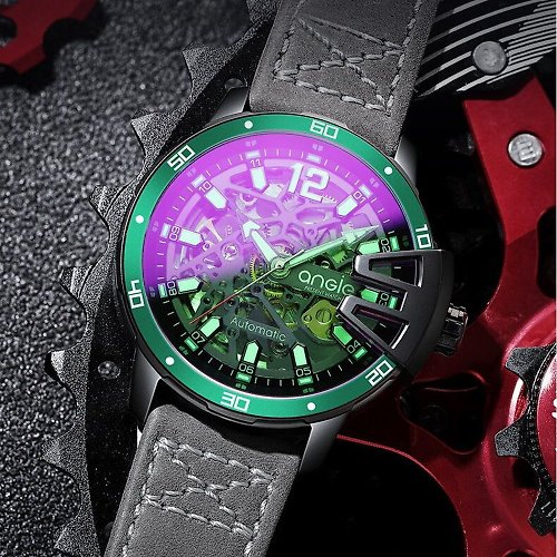 亨積機械腕錶 鏤空綠圈 銀灰皮帶 霧砂黑