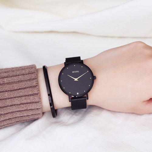 Mini Chica minimalist black gold 36mm dial mesh band ladies watch