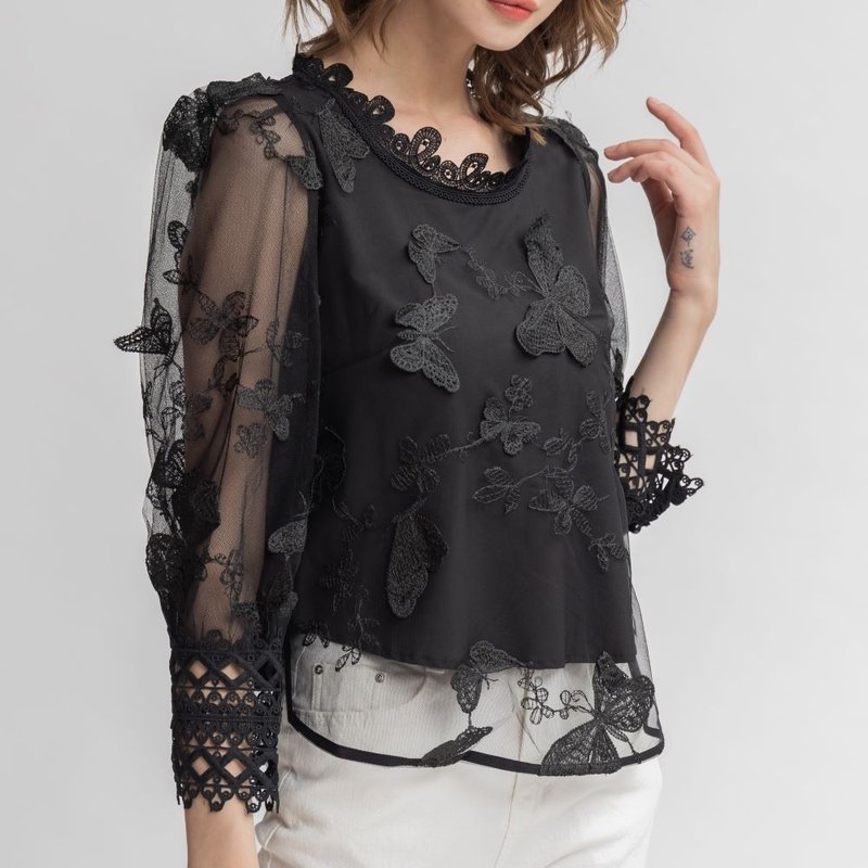 蝴蝶翩翩古典宮廷上衣   黑 - 女上衣/長袖上衣 - 聚酯纖維 黑色