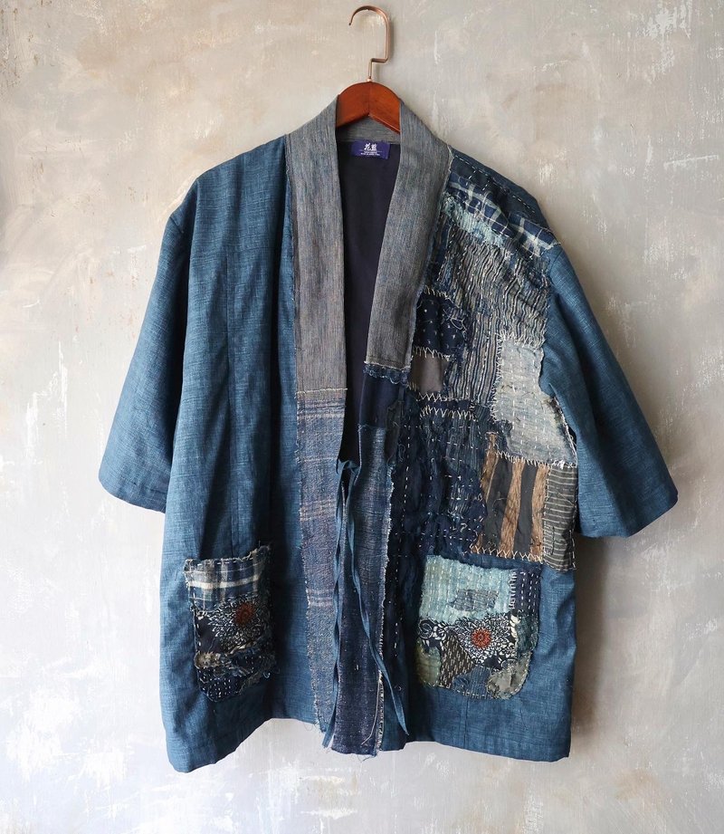 summer kimono shirt made with japan cotton + handcrafted Boro fabrics - เสื้อโค้ทผู้ชาย - ผ้าฝ้าย/ผ้าลินิน 