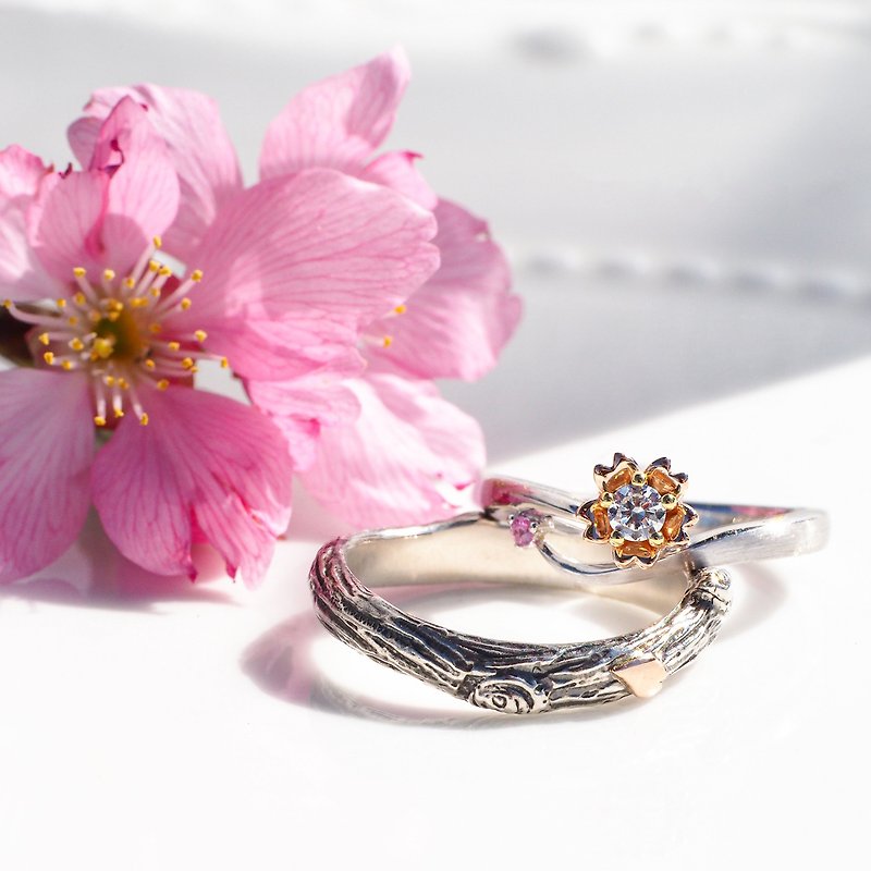 Handmade 925 Sterling Silver + 14K Gold [Sakura Blowing Snow] Cherry Blossom Ring - Couples' Rings - Sterling Silver Multicolor