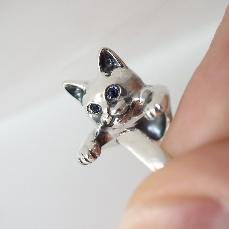 ハート巻きつき猫リング サファイア - 戒指 - 純銀 銀色