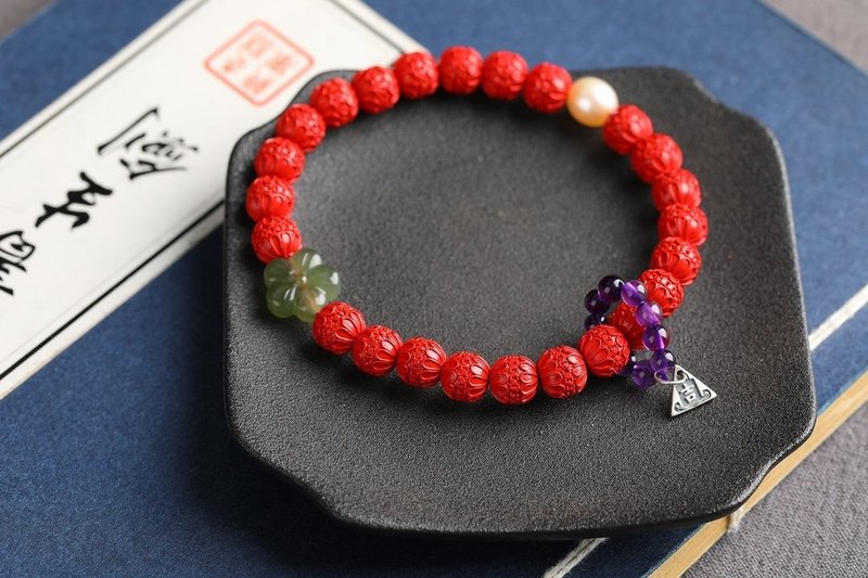 Natural cinnabar fine red sand flower bead bracelet specification 7mm cinnabar content up to 95 - Bracelets - Gemstone 