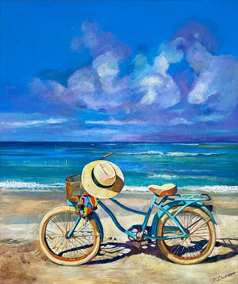 自行車和夏天的海。 原創藝術。 厚塗油畫。 - 海報/掛畫/掛布 - 其他材質 多色
