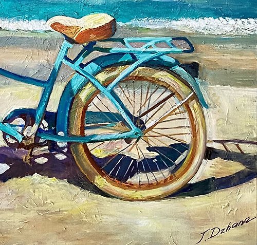 自転車と夏の海。 オリジナルアート。 インパスト油絵。 - ショップ
