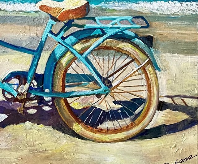 自転車と夏の海。 オリジナルアート。 インパスト油絵。 - ショップ