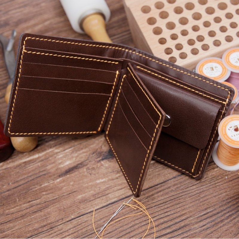 Material package/finished product [customized gift] hand-sewn tri-fold coin purse short clip - Leather Goods - Genuine Leather 