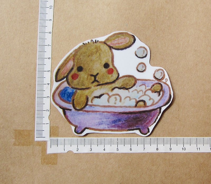 Hand-painted illustration style fully waterproof sticker bathing bathing brown hare - Stickers - Waterproof Material Brown