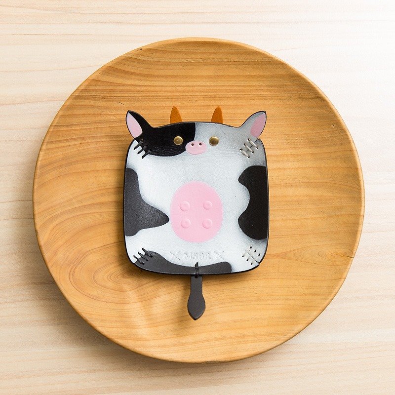 Hand-painted leather storage tray (dairy cow) - Small Plates & Saucers - Genuine Leather Black
