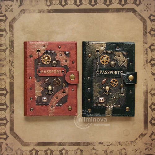 nilminova Steampunk passport cover 'Skull/Octopus' Steampunk passport holder personalized