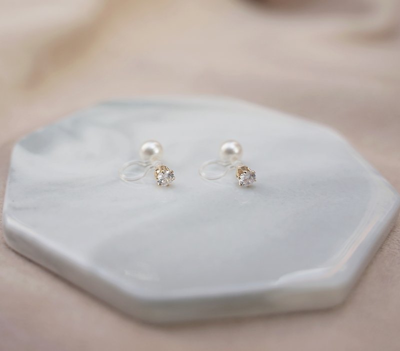 鋯石珍珠 14k包金雙面配戴 珍珠耳環耳夾 - 耳環/耳夾 - 其他材質 白色
