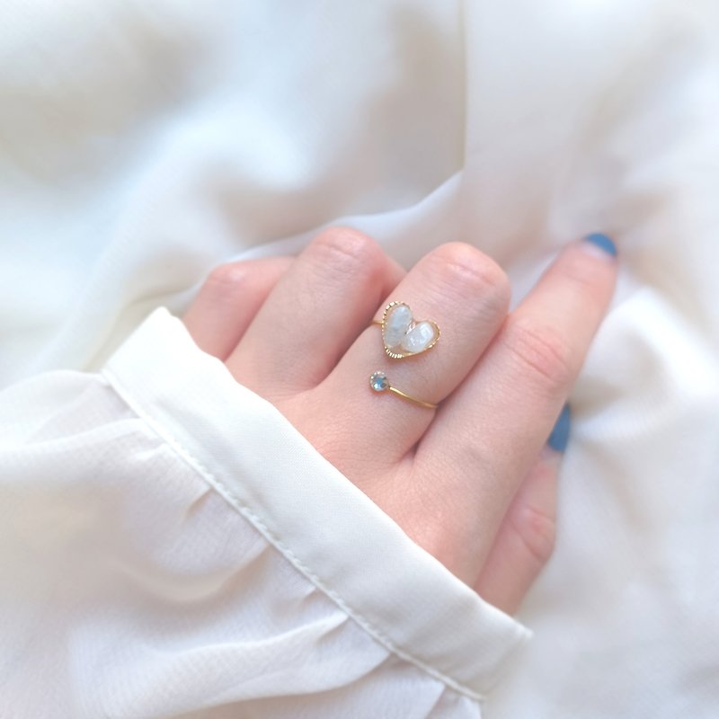 open heart ring Natural stone heart open ring NO.01 (aquamarine one size fits all) - General Rings - Stone Blue