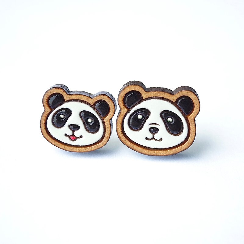 彩繪木耳環-熊貓母子 - 耳環/耳夾 - 木頭 白色