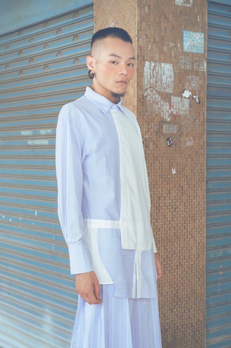 條紋解構不對稱襯衫(191T05) - 男襯衫/休閒襯衫 - 棉．麻 藍色