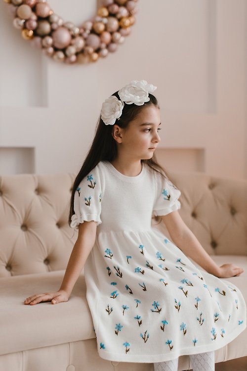 Usfura Design Handmade Emroidery Dress, Cotton flower white dress for a girl.