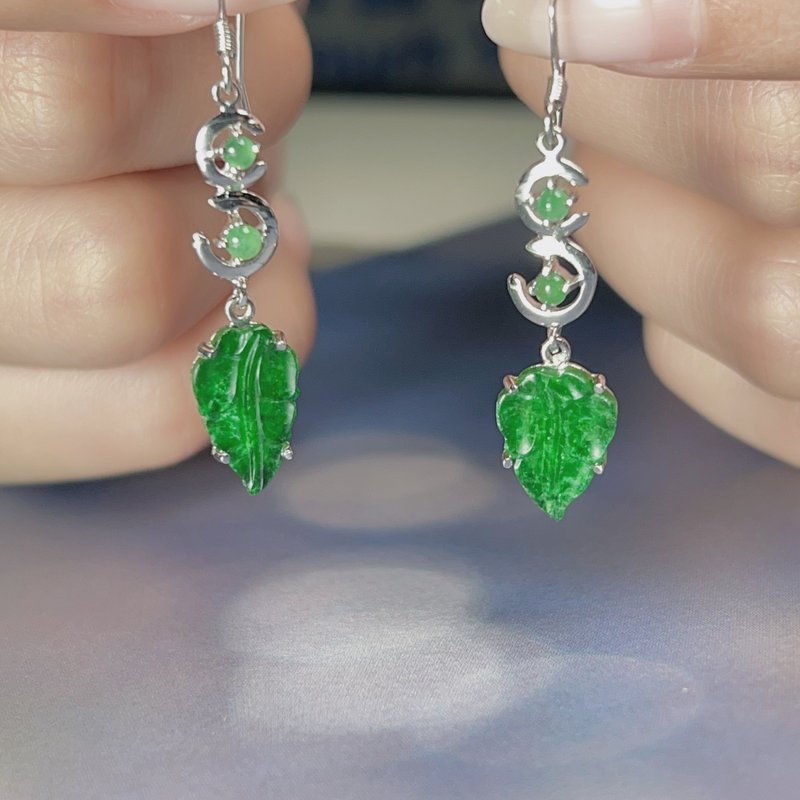 Full green jade leaf earrings 925 sterling silver | natural grade A jadeite | gift - Earrings & Clip-ons - Jade Green