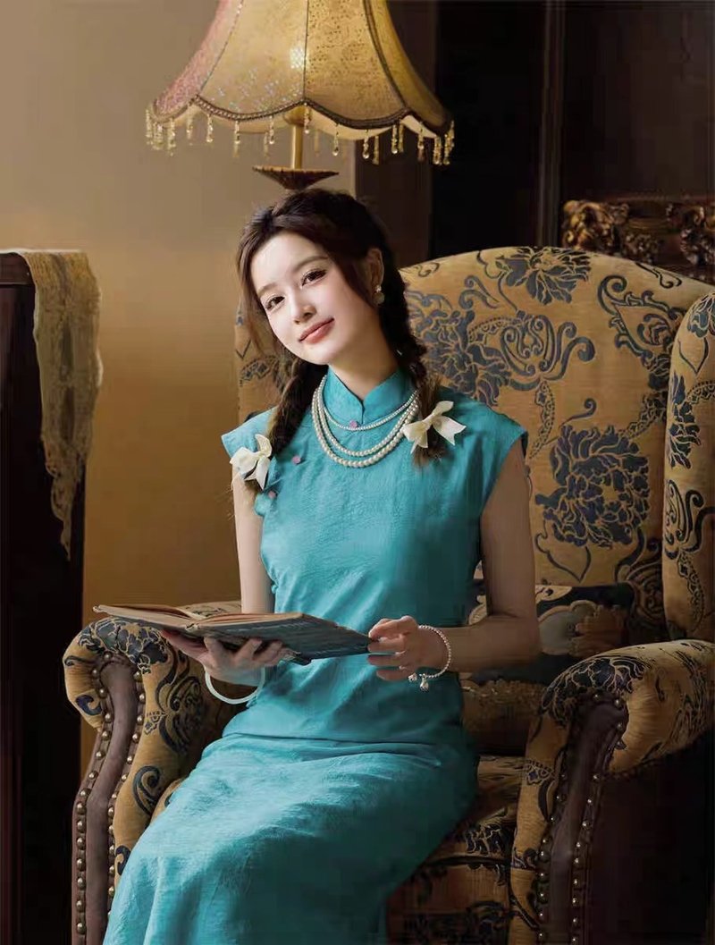 Peacock blue retro full open collar factory collar Republic of China cheongsam floor-length small size Chinese style modified dress - Qipao - Other Man-Made Fibers Blue