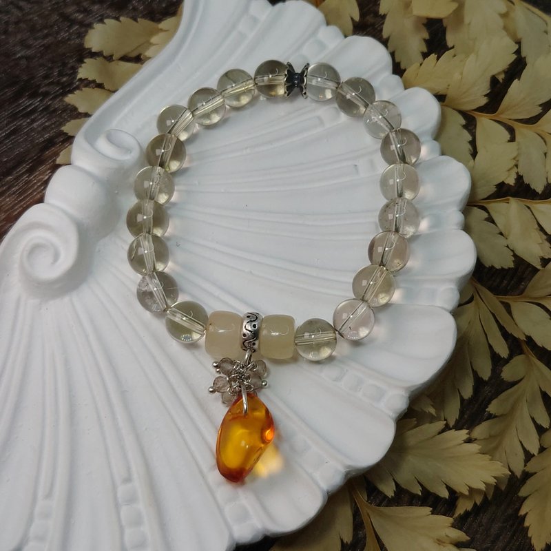 手鍊 天然金黃色 琥珀 茶晶 煙水晶 水晶 白玉髓 925銀飾 寶石 - 手鍊/手環 - 寶石 