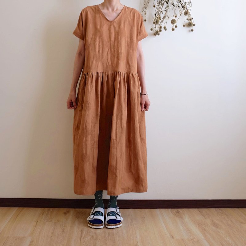 日常手作服 復古暖橘編織大水玉寬洋裝 麻棉 - 洋裝/連身裙 - 棉．麻 橘色